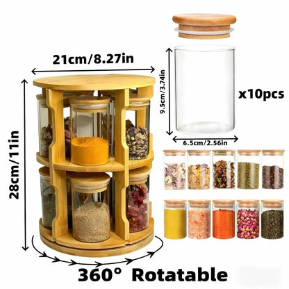10 Pcs Bamboo Rotating Food Storage Jar Set – Airtight Glass Containers with Bamboo Rack | Multi-Functional Kitchen Storage Tank