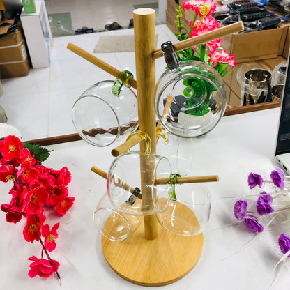 7 Pcs Bamboo Mug Rack Set High Borosilicate Glass Coffee & Tea Cups (100ml) Premium Mug Bamboo & Clear Glass