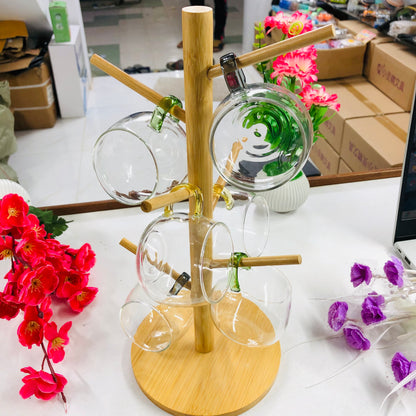 7 Pcs Bamboo Mug Rack Set High Borosilicate Glass Coffee & Tea Cups (100ml) Premium Mug Bamboo & Clear Glass