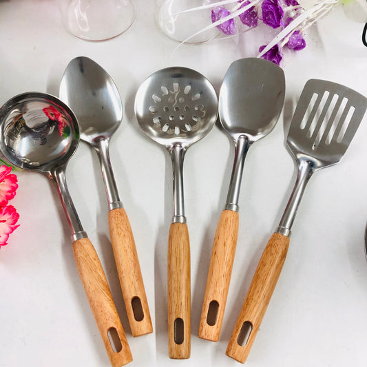 5 Pcs Stainless Steel Serving Spoon & Rice Curry Dabbu Set with Wooden Handles – Kitchen Utensil Set
