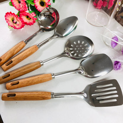 5 Pcs Stainless Steel Serving Spoon & Rice Curry Dabbu Set with Wooden Handles – Kitchen Utensil Set