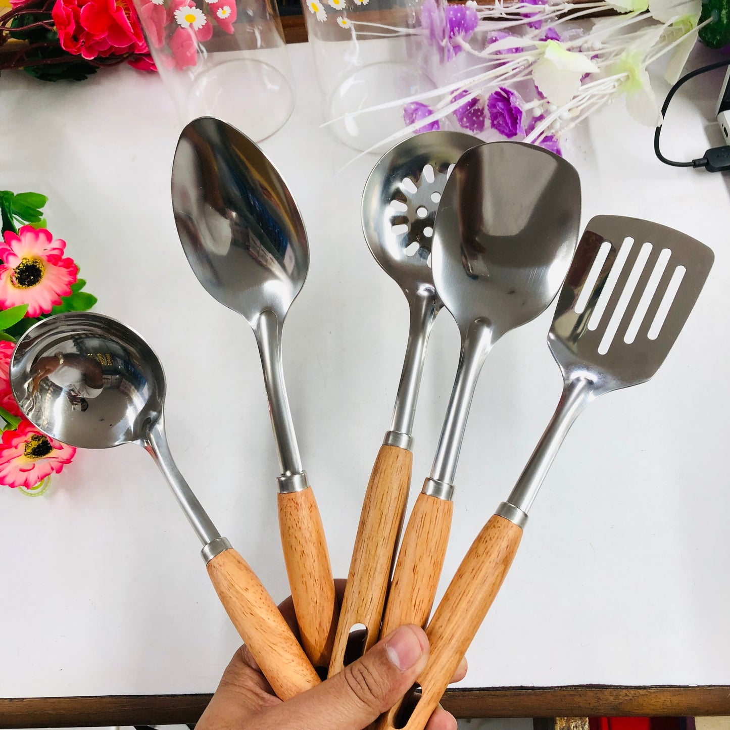 5 Pcs Stainless Steel Serving Spoon & Rice Curry Dabbu Set with Wooden Handles – Kitchen Utensil Set