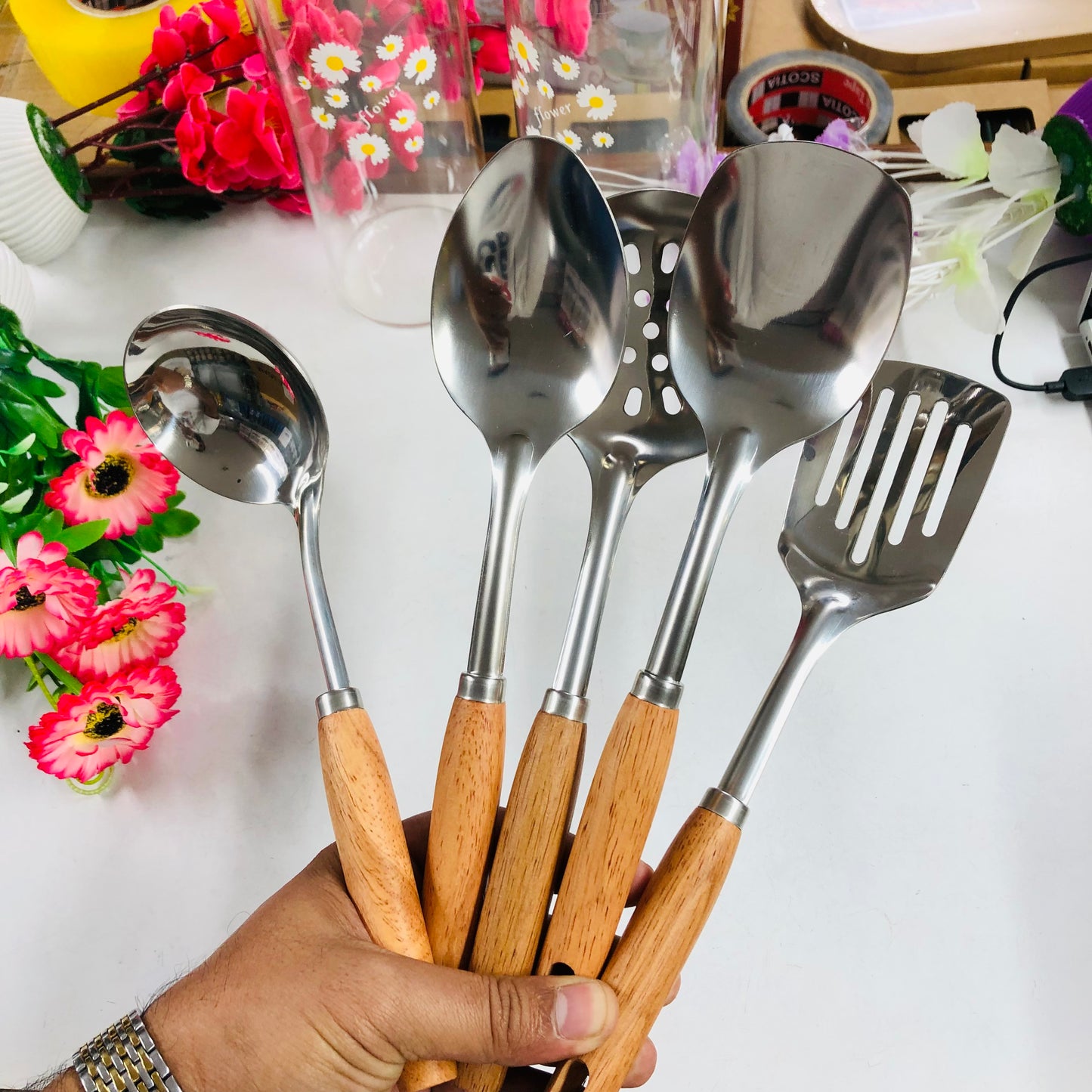 5 Pcs Stainless Steel Serving Spoon & Rice Curry Dabbu Set with Wooden Handles – Kitchen Utensil Set