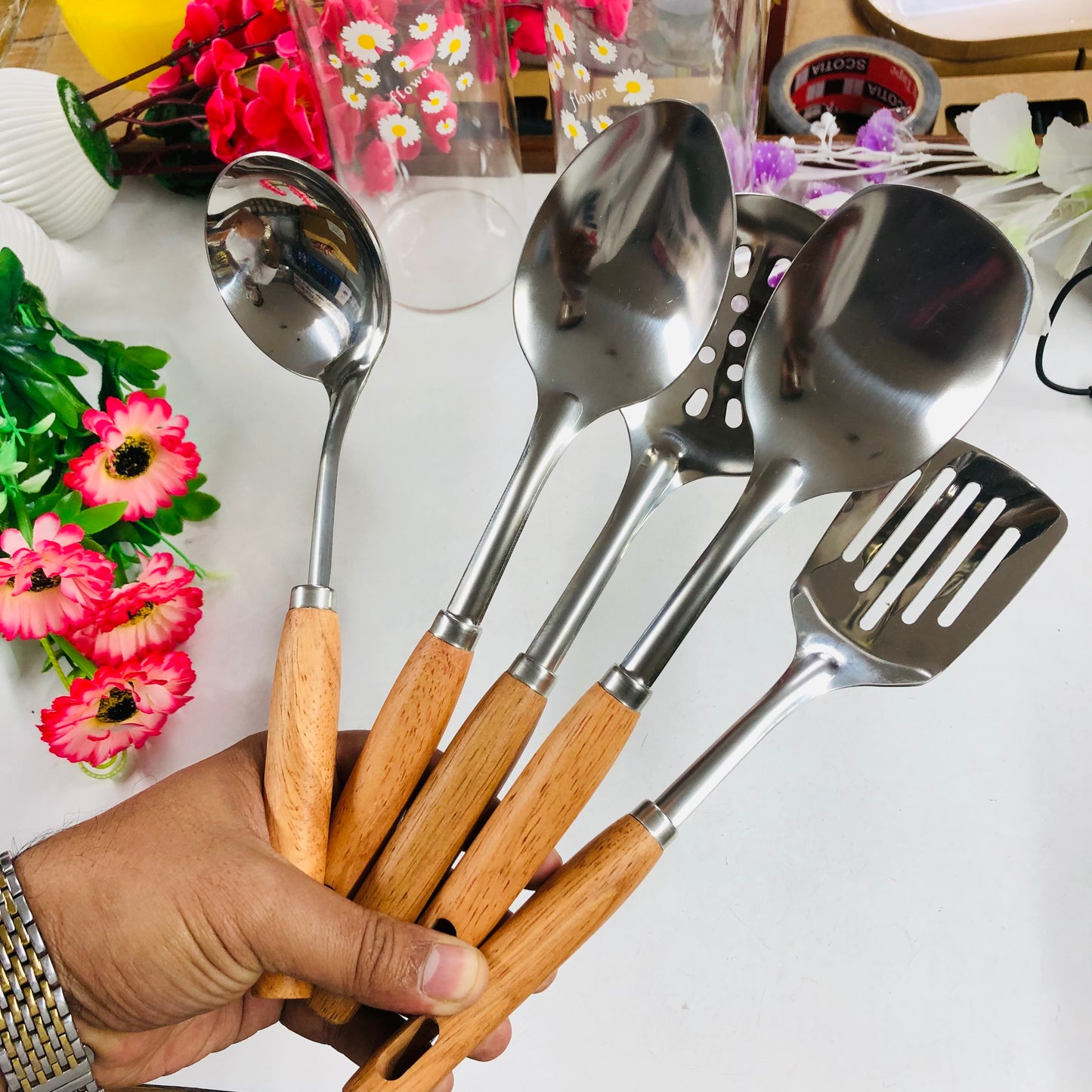 5 Pcs Stainless Steel Serving Spoon & Rice Curry Dabbu Set with Wooden Handles – Kitchen Utensil Set