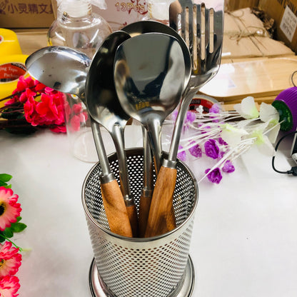 5 Pcs Stainless Steel Serving Spoon & Rice Curry Dabbu Set with Wooden Handles – Kitchen Utensil Set