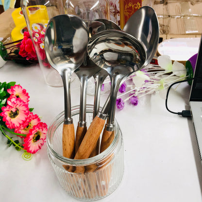 5 Pcs Stainless Steel Serving Spoon & Rice Curry Dabbu Set with Wooden Handles – Kitchen Utensil Set