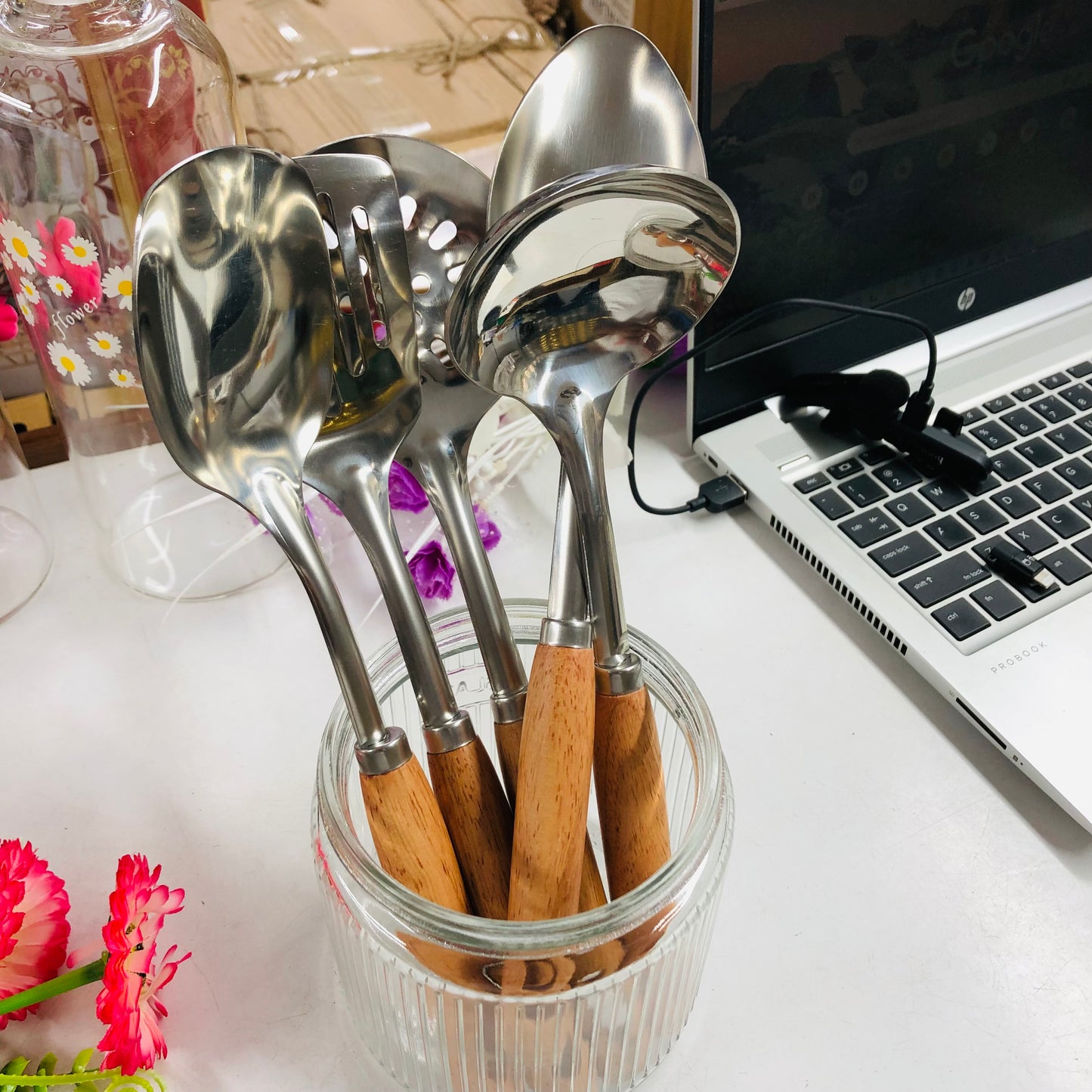 5 Pcs Stainless Steel Serving Spoon & Rice Curry Dabbu Set with Wooden Handles – Kitchen Utensil Set