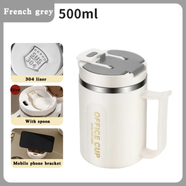 Double-Wall Stainless Steel Coffee Mug 500ml – Anti-Scald Insulated Hot & Cold Water Cup with Handle for Office, School & Camping