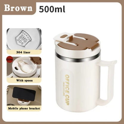 Double-Wall Stainless Steel Coffee Mug 500ml – Anti-Scald Insulated Hot & Cold Water Cup with Handle for Office, School & Camping