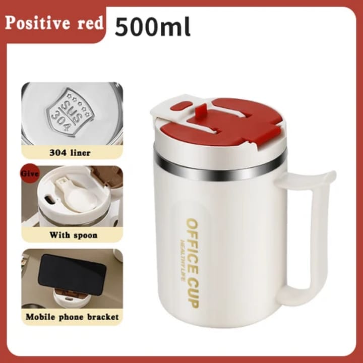 Double-Wall Stainless Steel Coffee Mug 500ml – Anti-Scald Insulated Hot & Cold Water Cup with Handle for Office, School & Camping