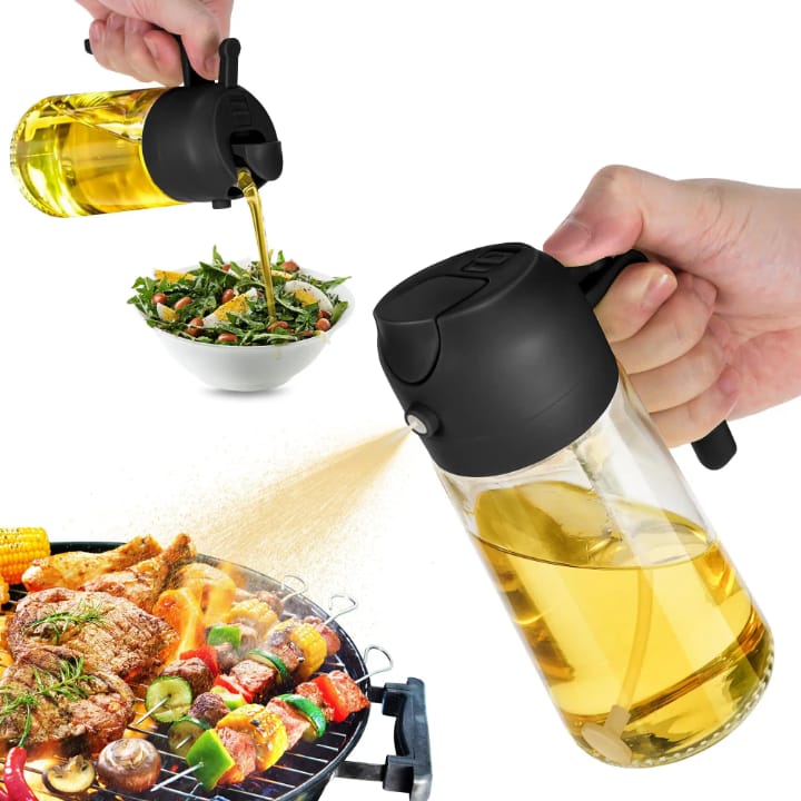 470ml Premium 2-in-1 Olive Oil Dispenser Bottle – Glass Oil Spray Bottle for Cooking, BBQ & Salad