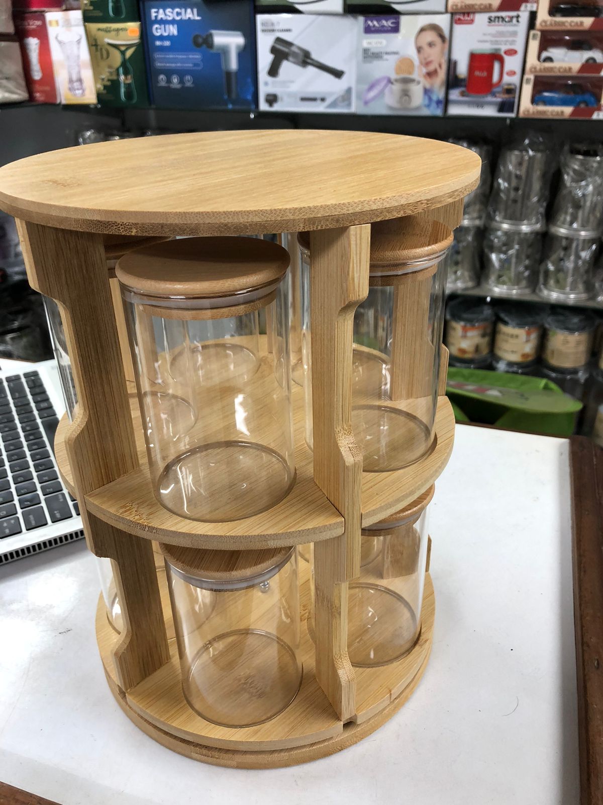 10 Pcs Bamboo Rotating Food Storage Jar Set – Airtight Glass Containers with Bamboo Rack | Multi-Functional Kitchen Storage Tank