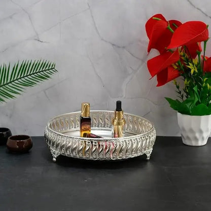 Arabic Ramadan Decorative Gold Plated Metal Serving Tray – Round Tray for Wedding & Gift (10 Inch)