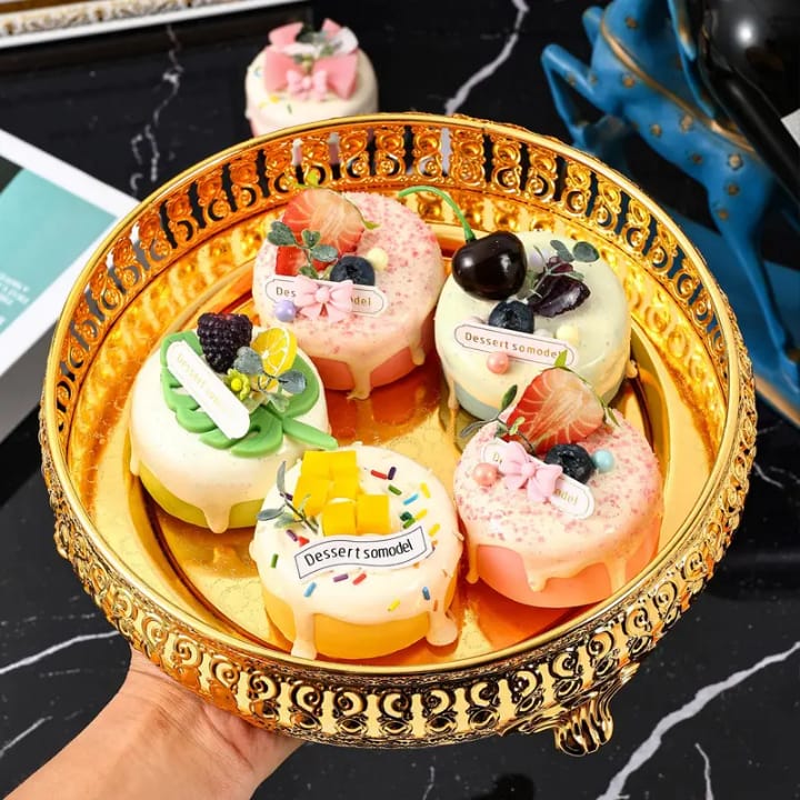 Arabic Ramadan Decorative Gold Plated Metal Serving Tray – Round Tray for Wedding & Gift (10 Inch)