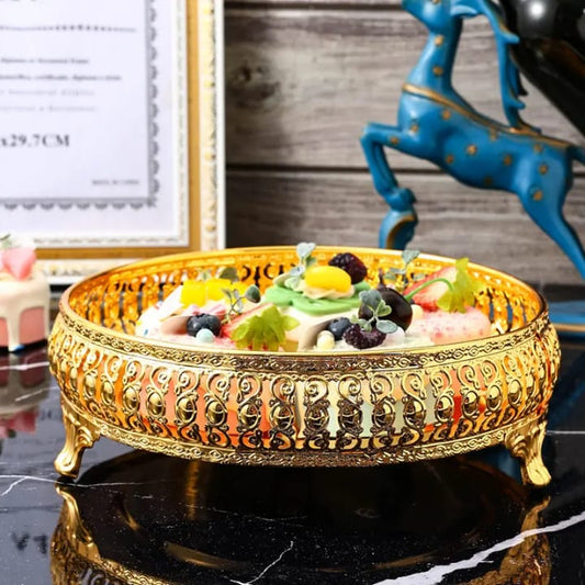 Arabic Ramadan Decorative Gold Plated Metal Serving Tray – Round Tray for Wedding & Gift (10 Inch)