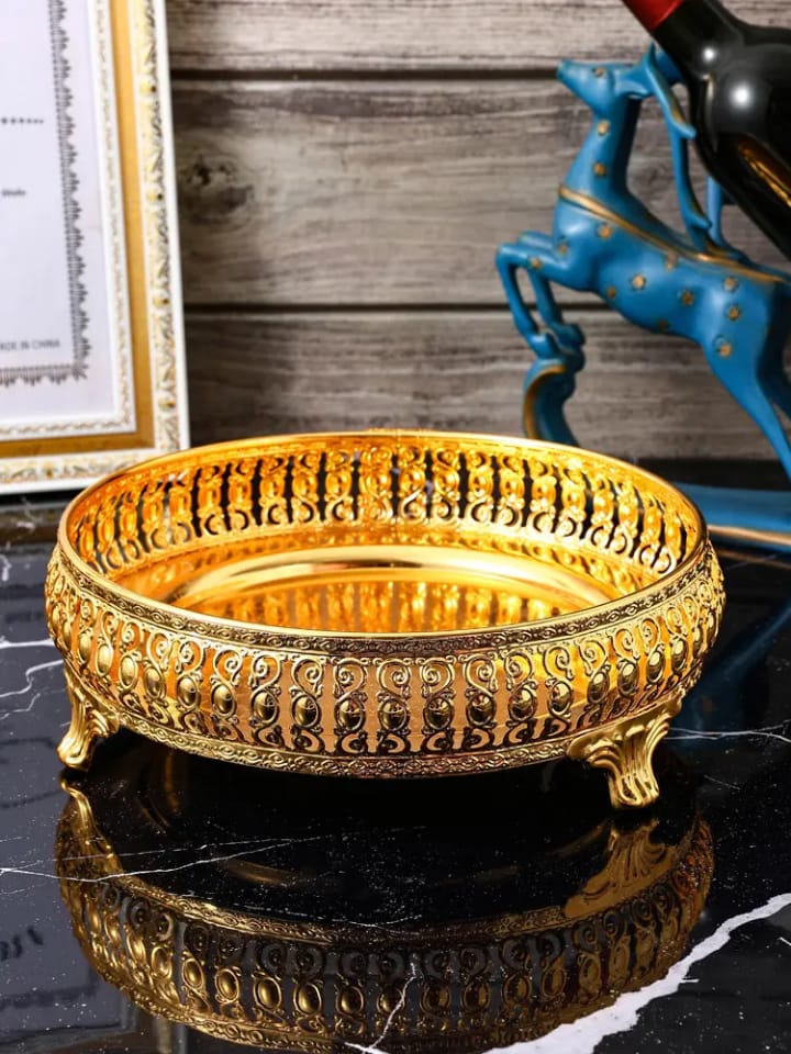 Arabic Ramadan Decorative Gold Plated Metal Serving Tray – Round Tray for Wedding & Gift (10 Inch)