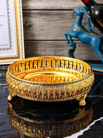 Arabic Ramadan Decorative Gold Plated Metal Serving Tray – Round Tray for Wedding & Gift (10 Inch)