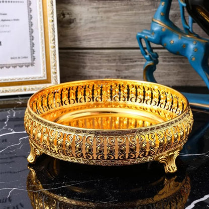 Arabic Ramadan Decorative Gold Plated Metal Serving Tray – Round Tray for Wedding & Gift (10 Inch)