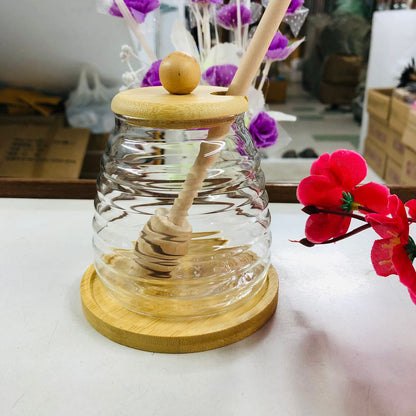 luxury style High Borosilicate Glass Honey & Storage Jar with Wooden Lid and Stick – 300ml