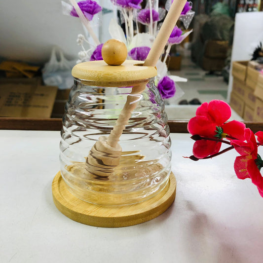 luxury style High Borosilicate Glass Honey & Storage Jar with Wooden Lid and Stick – 300ml