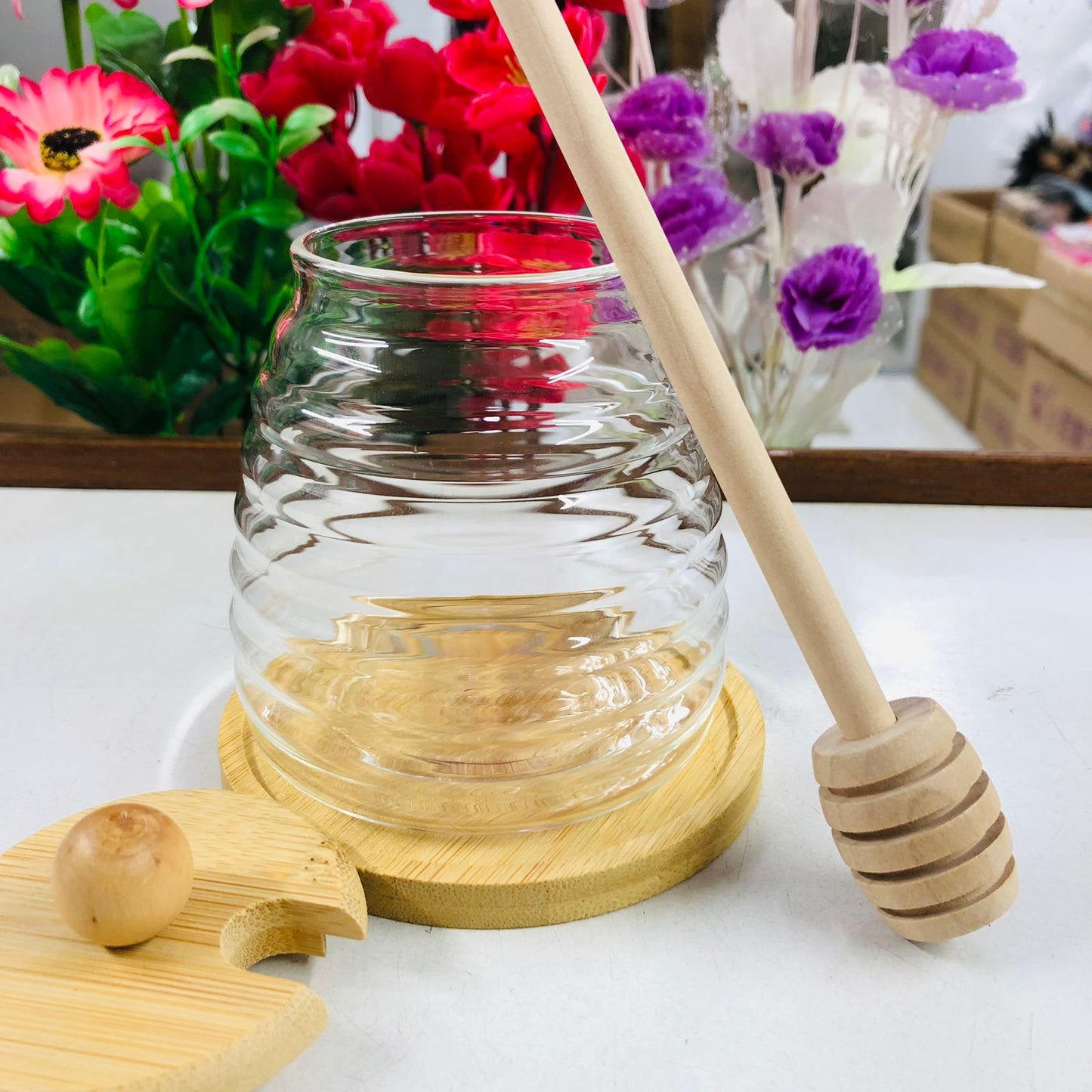 luxury style High Borosilicate Glass Honey & Storage Jar with Wooden Lid and Stick – 300ml