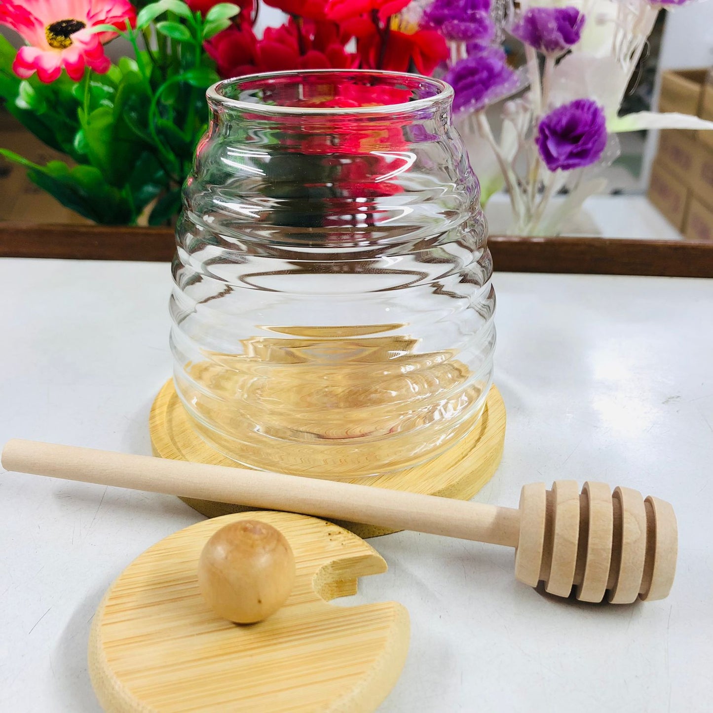 luxury style High Borosilicate Glass Honey & Storage Jar with Wooden Lid and Stick – 300ml