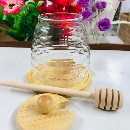 luxury style High Borosilicate Glass Honey & Storage Jar with Wooden Lid and Stick – 300ml