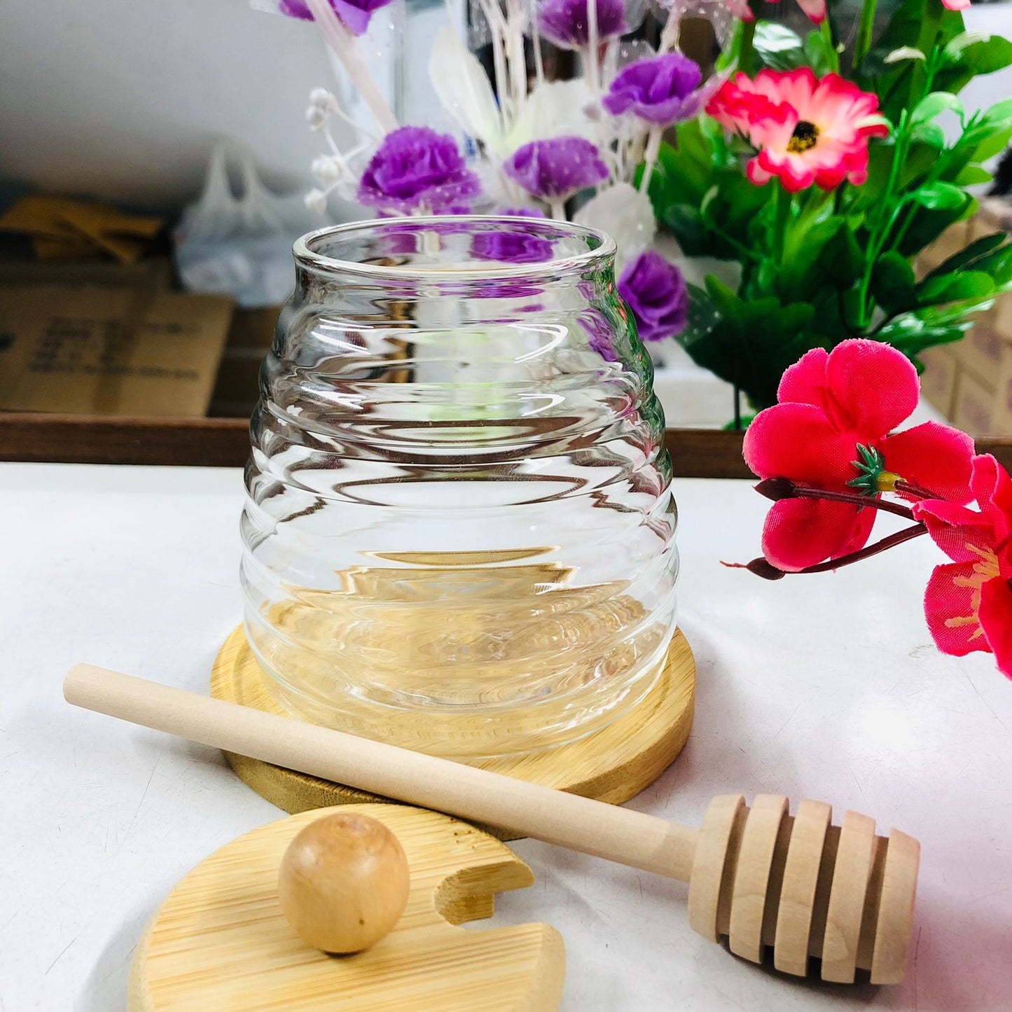luxury style High Borosilicate Glass Honey & Storage Jar with Wooden Lid and Stick – 300ml