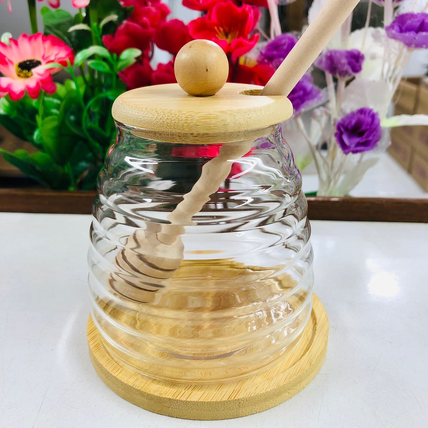 luxury style High Borosilicate Glass Honey & Storage Jar with Wooden Lid and Stick – 300ml