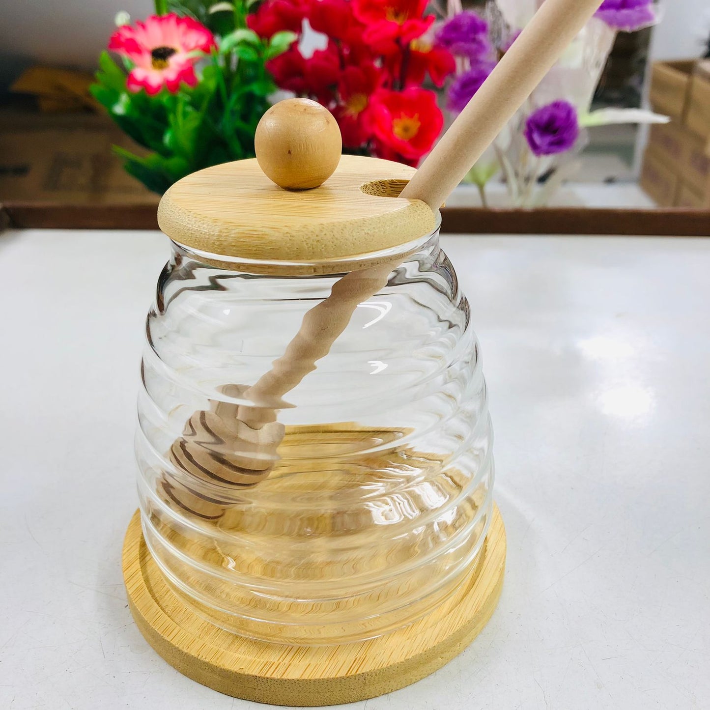 luxury style High Borosilicate Glass Honey & Storage Jar with Wooden Lid and Stick – 300ml