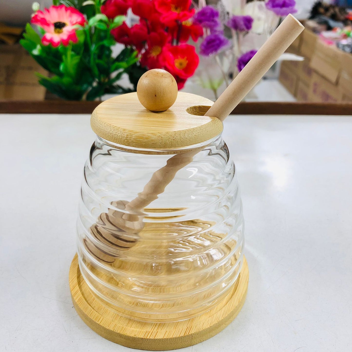 luxury style High Borosilicate Glass Honey & Storage Jar with Wooden Lid and Stick – 300ml