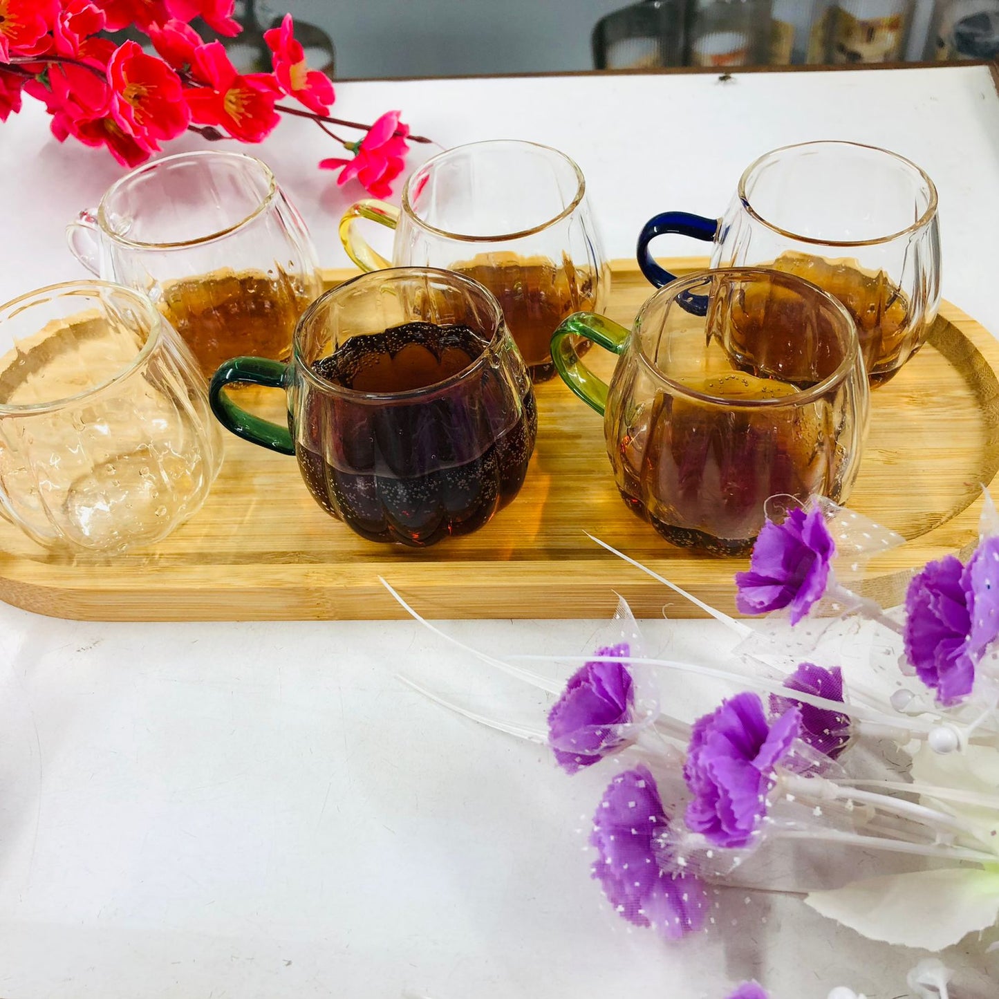 Luxury 100ml High Borosilicate Glass Tea & Coffee Cup Set with Bamboo Tray (7 PCS)