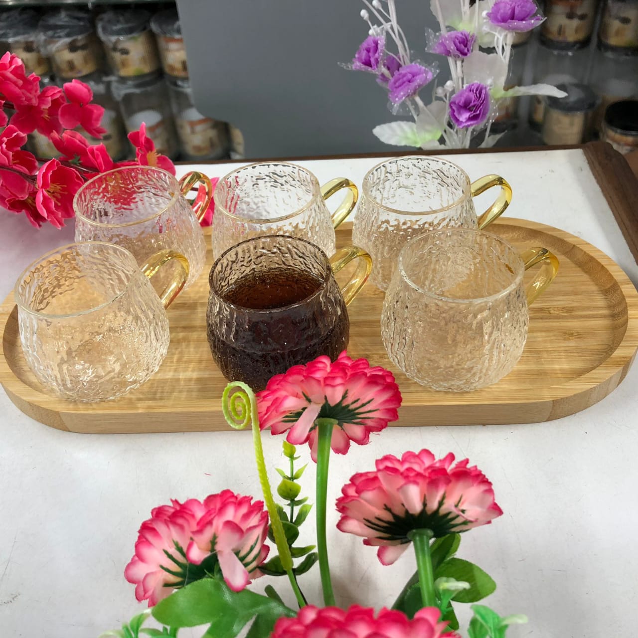 Luxury 100ml High Borosilicate Glass Tea & Coffee Cup Set with Bamboo Tray (7 PCS)