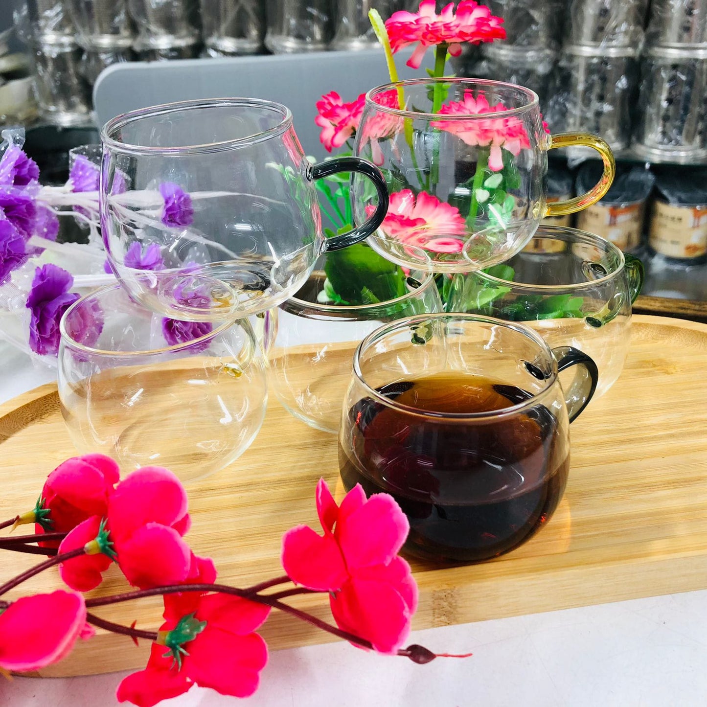 Luxury 100ml High Borosilicate Glass Tea & Coffee Cup Set with Bamboo Tray (7 PCS)