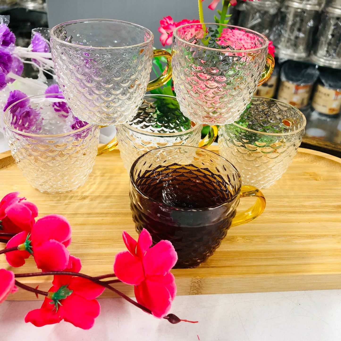 Luxury 100ml High Borosilicate Glass Tea & Coffee Cup Set with Bamboo Tray (7 PCS)