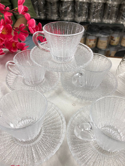 Luxury Crystal Glass Tea Cup & Saucer Set – 120ml | Modern Style, Dishwasher Safe | 6 Cups + 6 Saucers