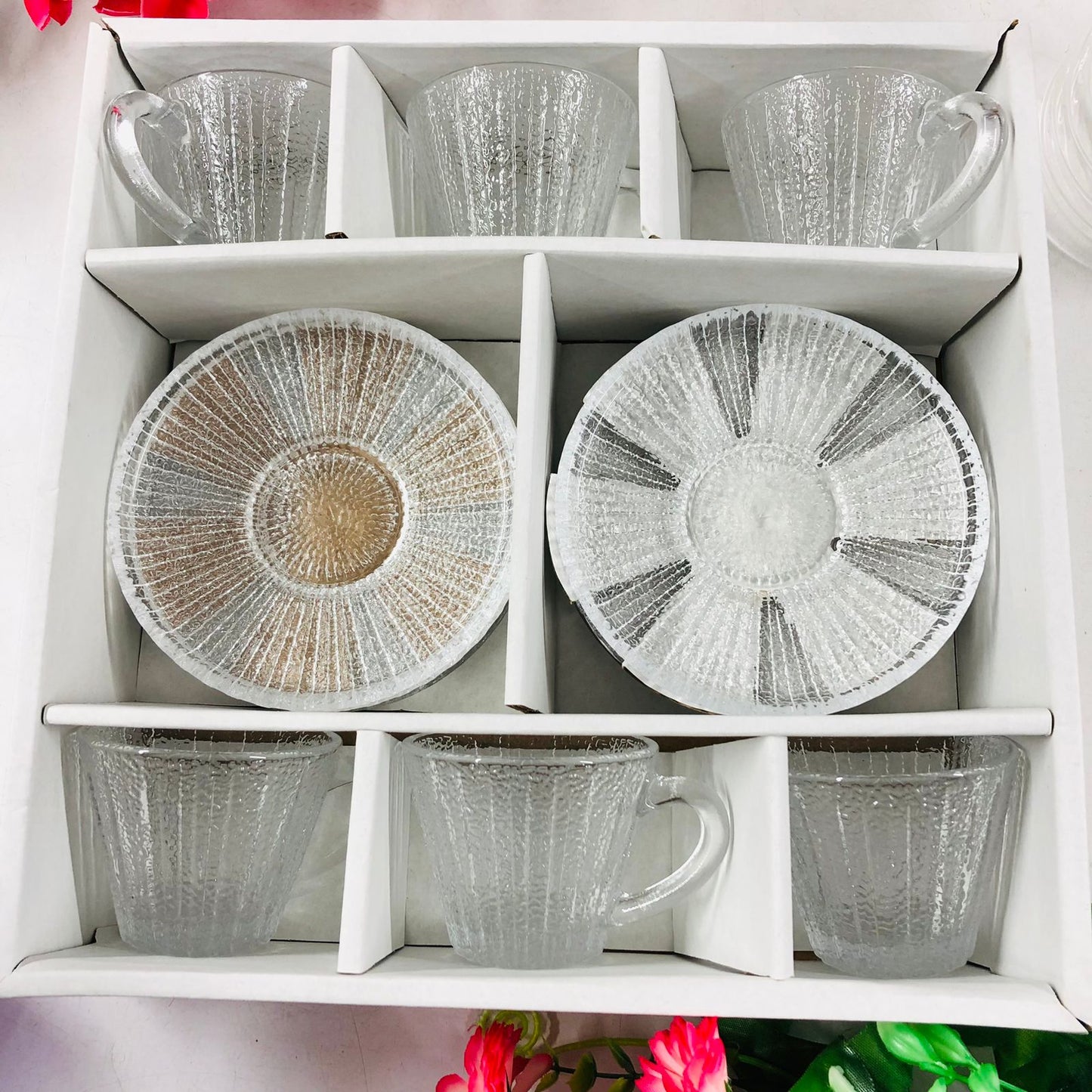 Luxury Crystal Glass Tea Cup & Saucer Set – 120ml | Modern Style, Dishwasher Safe | 6 Cups + 6 Saucers