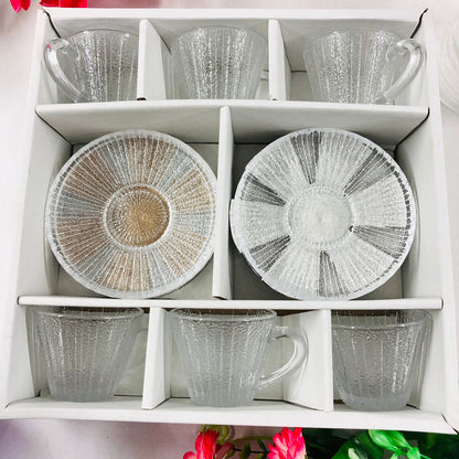 Luxury Crystal Glass Tea Cup & Saucer Set – 120ml | Modern Style, Dishwasher Safe | 6 Cups + 6 Saucers