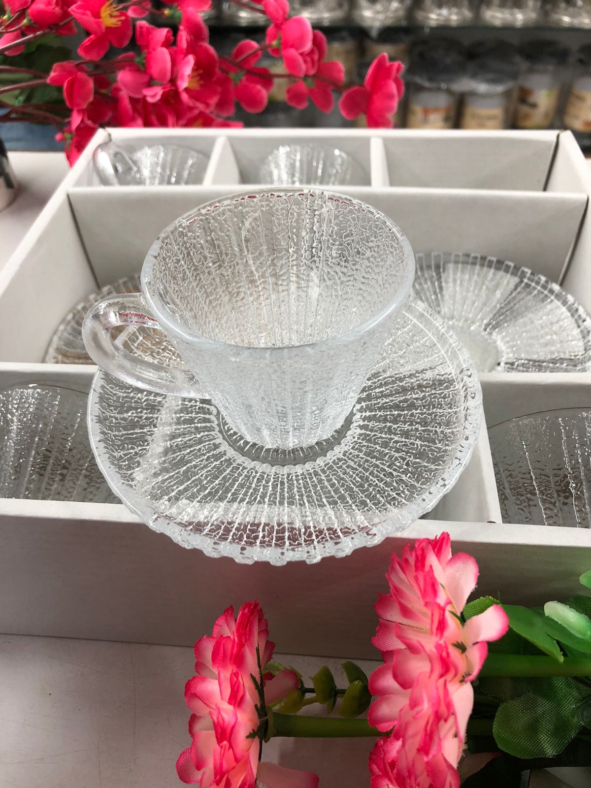 Luxury Crystal Glass Tea Cup & Saucer Set – 120ml | Modern Style, Dishwasher Safe | 6 Cups + 6 Saucers