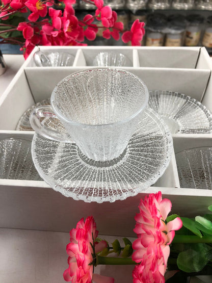 Luxury Crystal Glass Tea Cup & Saucer Set – 120ml | Modern Style, Dishwasher Safe | 6 Cups + 6 Saucers