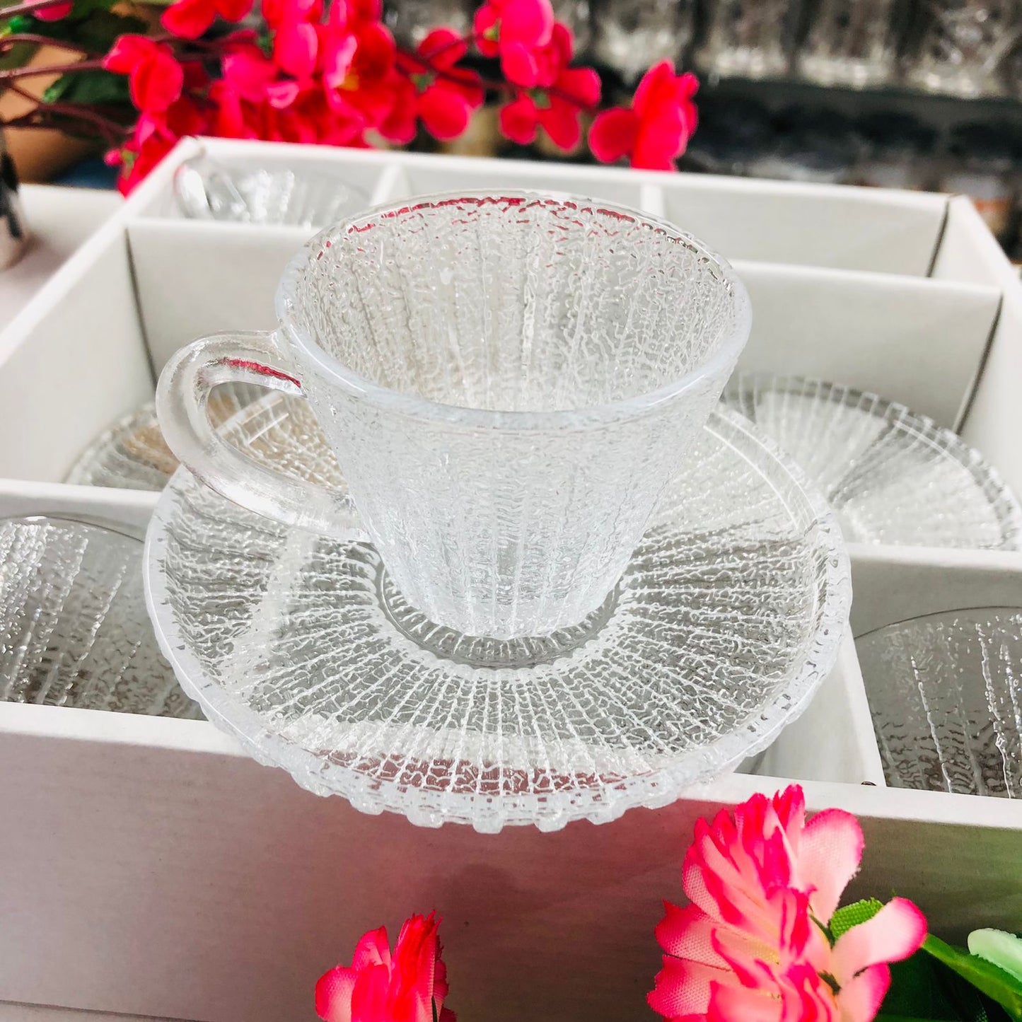 Luxury Crystal Glass Tea Cup & Saucer Set – 120ml | Modern Style, Dishwasher Safe | 6 Cups + 6 Saucers