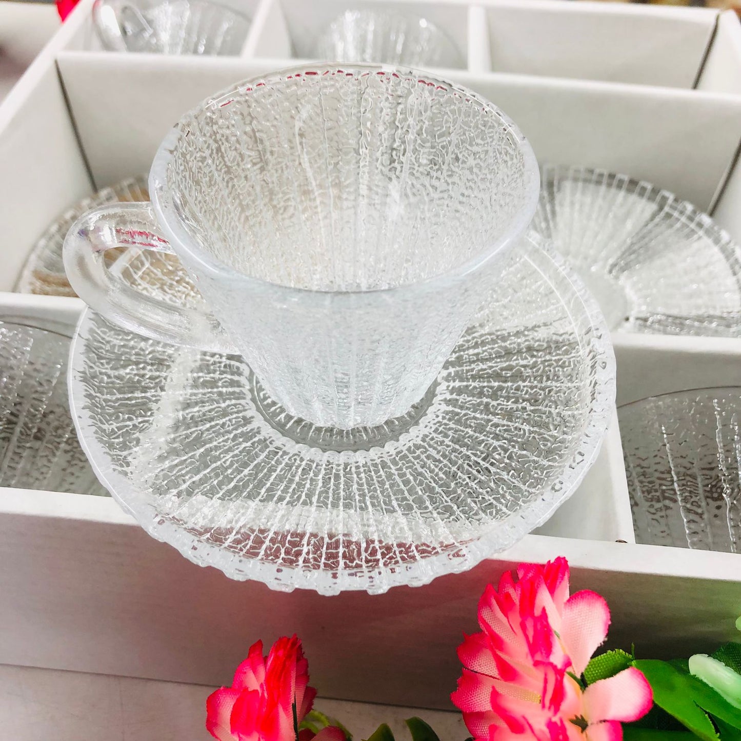 Luxury Crystal Glass Tea Cup & Saucer Set – 120ml | Modern Style, Dishwasher Safe | 6 Cups + 6 Saucers