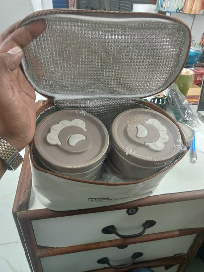 4 Pcs Stainless Steel 304 Round Insulated Lunch Box Set with Carrying Bag – Leak Proof Food Container, Heat Storage Bento Box (Blue/Brown)