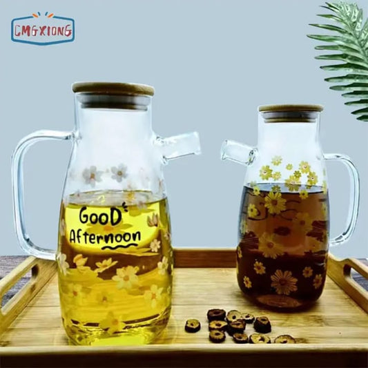 1000ml High Borosilicate Glass Olive Oil Bottle with Dustproof Lid & Scale | Kitchen Oil Dispenser with Yellow Flower Design