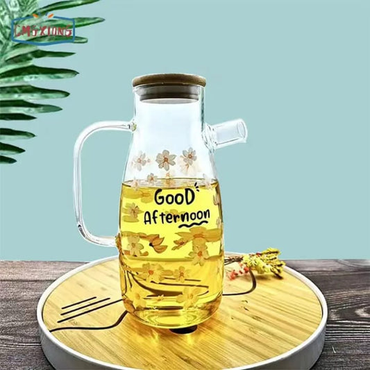 1000ml High Borosilicate Glass Olive Oil Bottle with Dustproof Lid & Scale | Kitchen Oil Dispenser with Yellow Flower Design